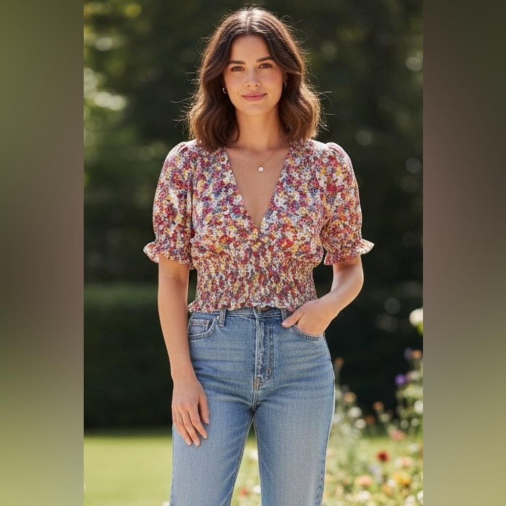 Faithful the Brand Floral Print Blouse with Smocked Details,
